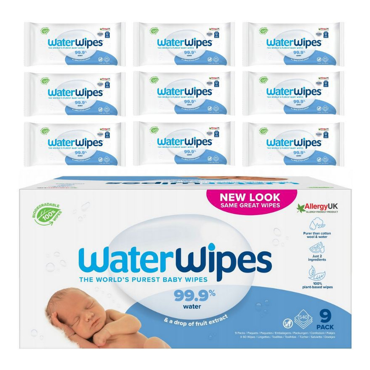 WaterWipes Chusteczki nawilżane dla dzieci BIO 99,9% wody i kropla ekstraktu owocowego 60 szt x 9 (540szt)