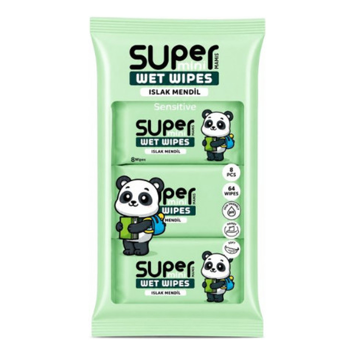 Super mini chusteczki nawilżane Panda, 8x8 szt
