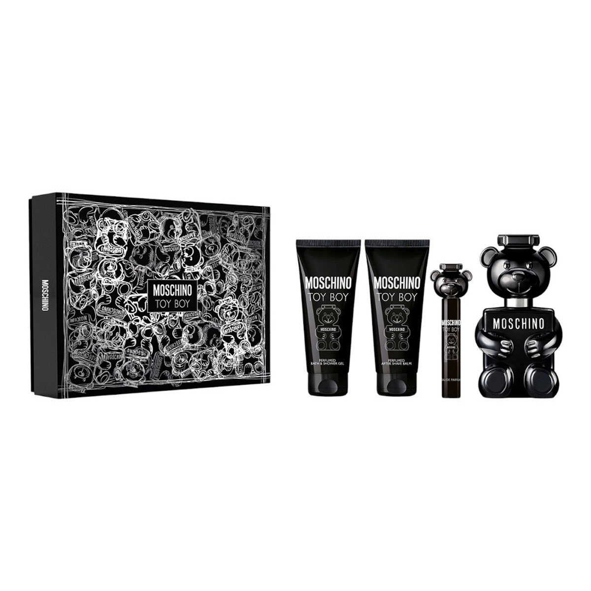 Moschino Toy Boy zestaw woda perfumowana spray 100ml + żel pod prysznic 100ml + balsam po goleniu 100ml + woda perfumowana spray 10ml