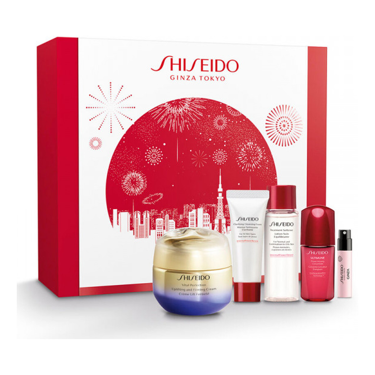Shiseido Zestaw vital perfection uplifting & firming cream 50ml + clarifying cleansing foam 15ml + treatment softener 30ml + ultimune power infusing concentrate 10ml + ginza woda perfumowana 0.8ml