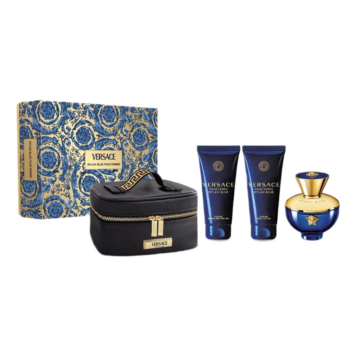 Versace Dylan Blue Pour Femme Zestaw woda perfumowana spray 100ml + żel pod prysznic 100ml + balsam do ciała 100ml + kosmetyczka