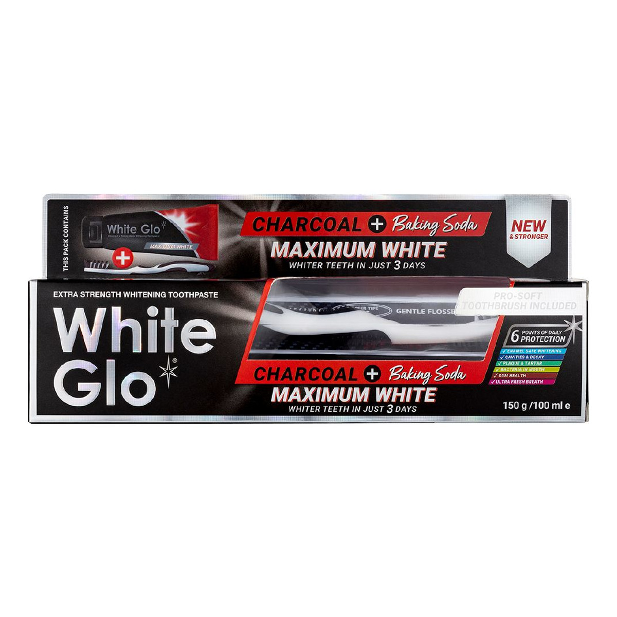 White Glo Charcoal + baking soda maximum white toothpaste wybielająca pasta do zębów 150g/100ml + szczoteczka
