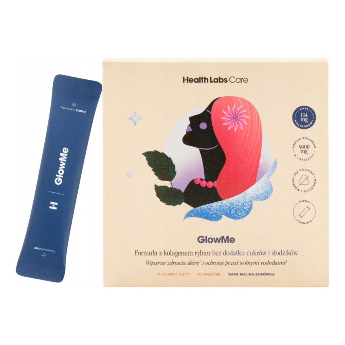 HealthLabs Glowme wsparcie zdrowia skóry i ochrona przed wolnymi rodnikami suplement diety malina-borówka 30 saszetek