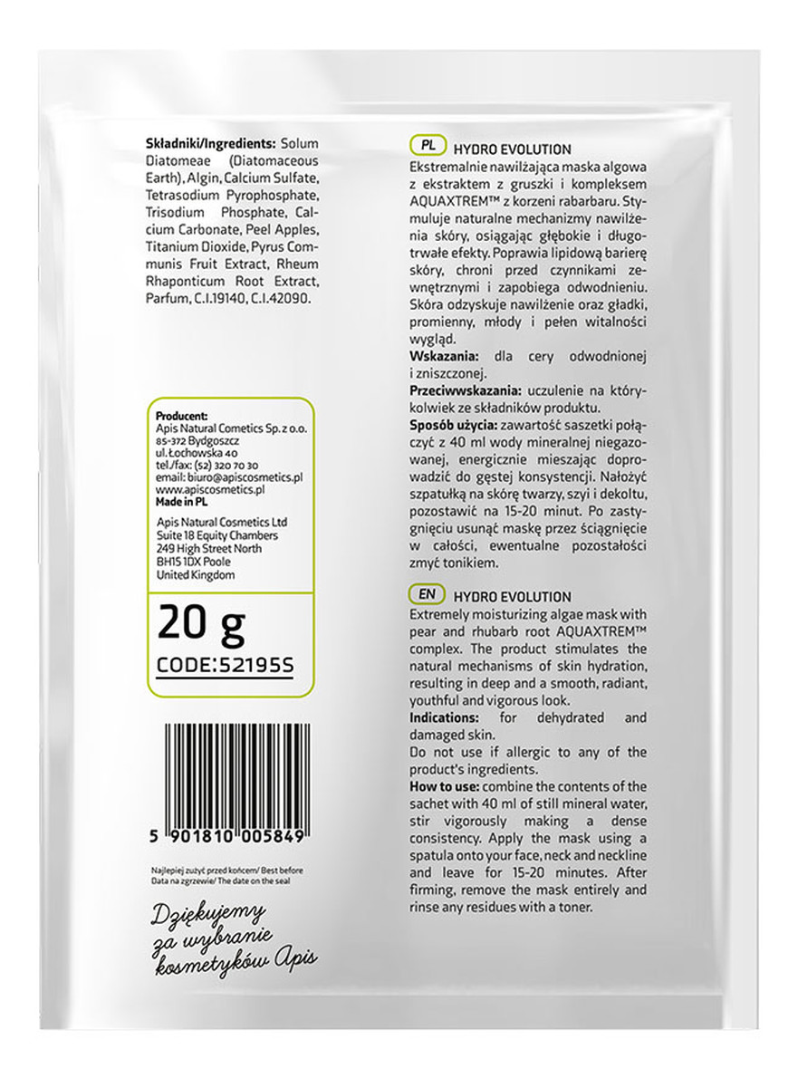 ekstremalnie nawilżająca maska algowa z gruszką i rabarbarem AQUAXTREM™