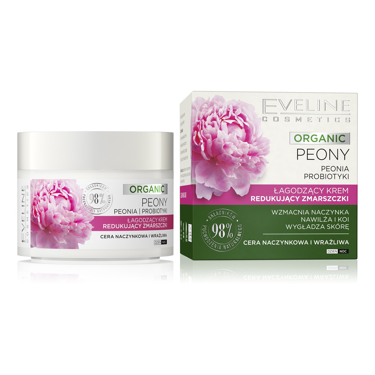 Eveline Organic Peony Łagodzący Krem redukujący zmarszczki na dzień i noc - cera naczynkowa i wrażliwa 50ml