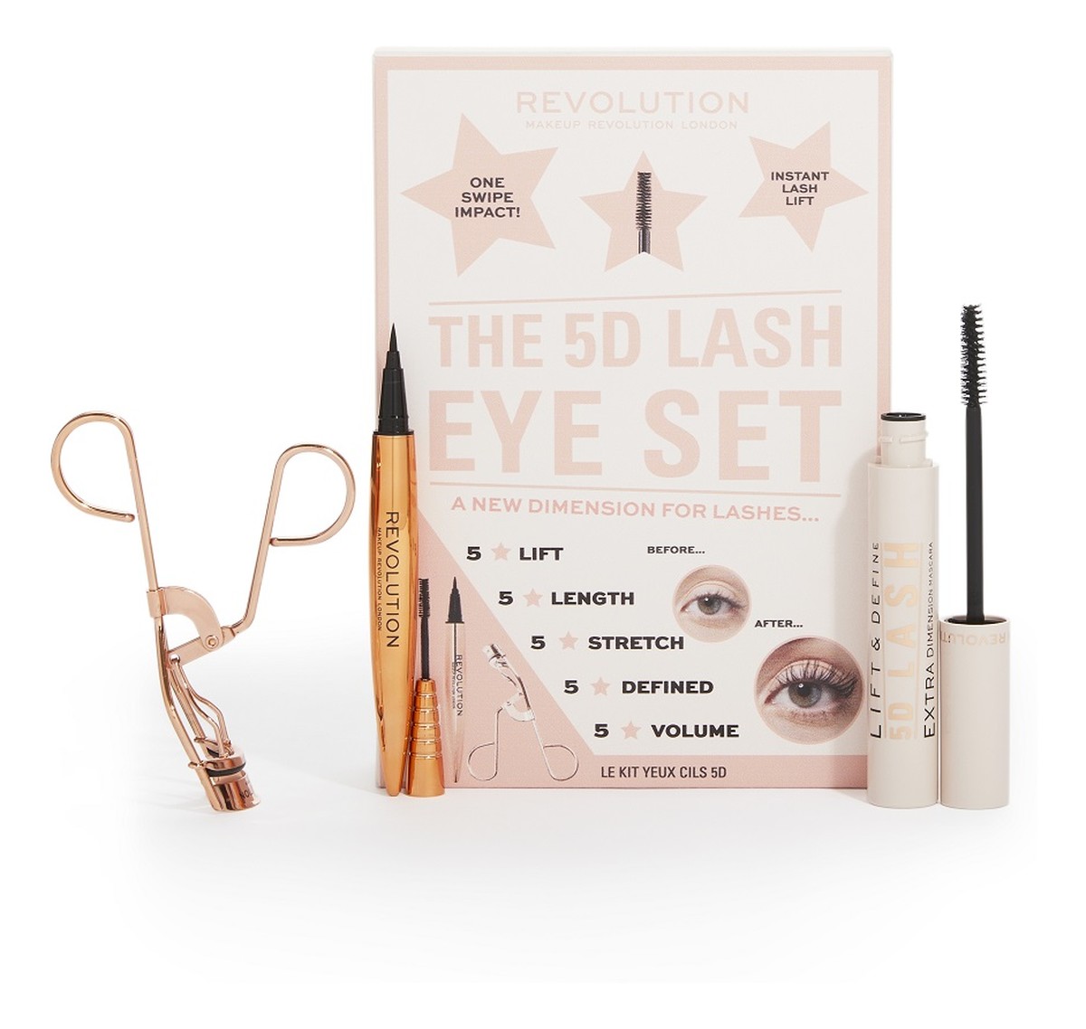 Zestaw lift & define 5d lash mascara tusz do rzęs + renaissance flick eyeliner w pisaku + rose gold eyelash curlers zalotka do rzęs