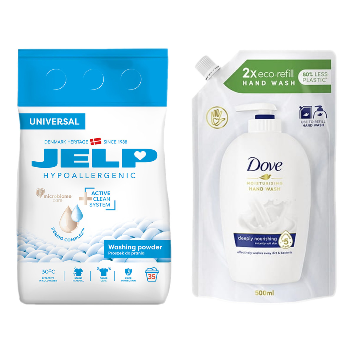 Jelp Hypoallergenic Proszek do prania Universal 35 prań 2.1kg+ Dove mydło w płynie uzupełnienie 0.5L