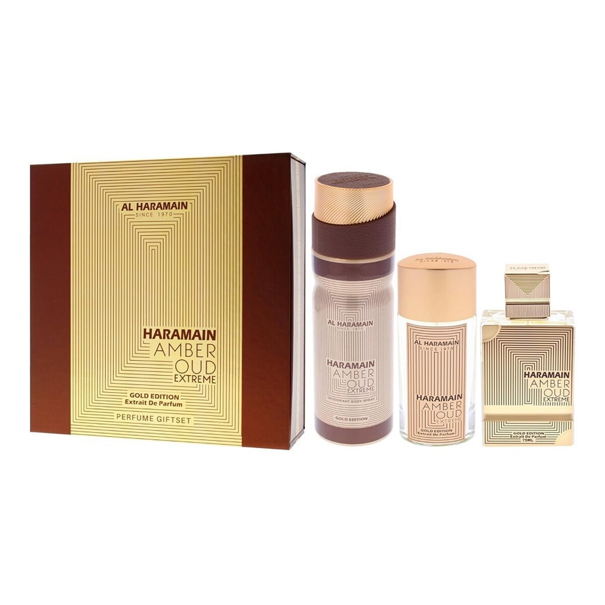 Al Haramain Amber Oud Gold Edition Extreme Zestaw ekstrakt perfum spray 75ml + ekstrakt perfum spray 30ml + dezodorant spray 200ml