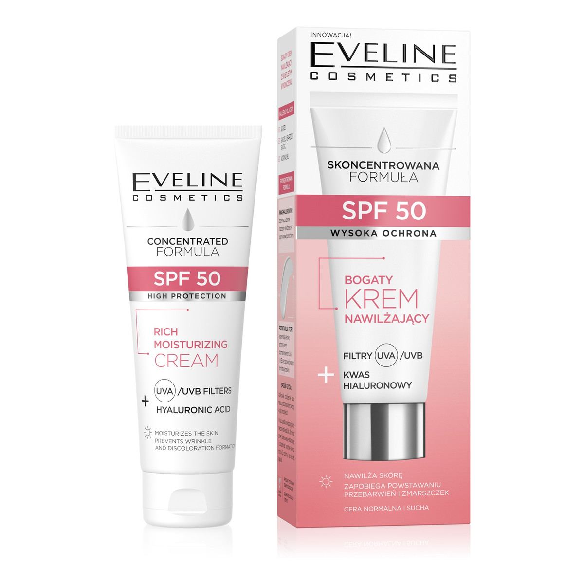 Eveline Spf 50 bogaty Krem nawilżający filtry+kwas hialuronowy do cery normalnej i suchej 30ml