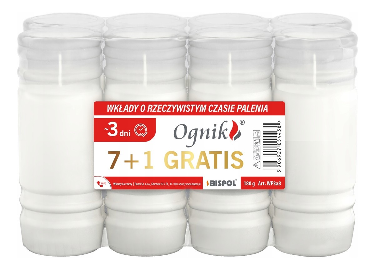 Wkład do zniczy parafinowy OGNIK WP3 72h, 8 szt