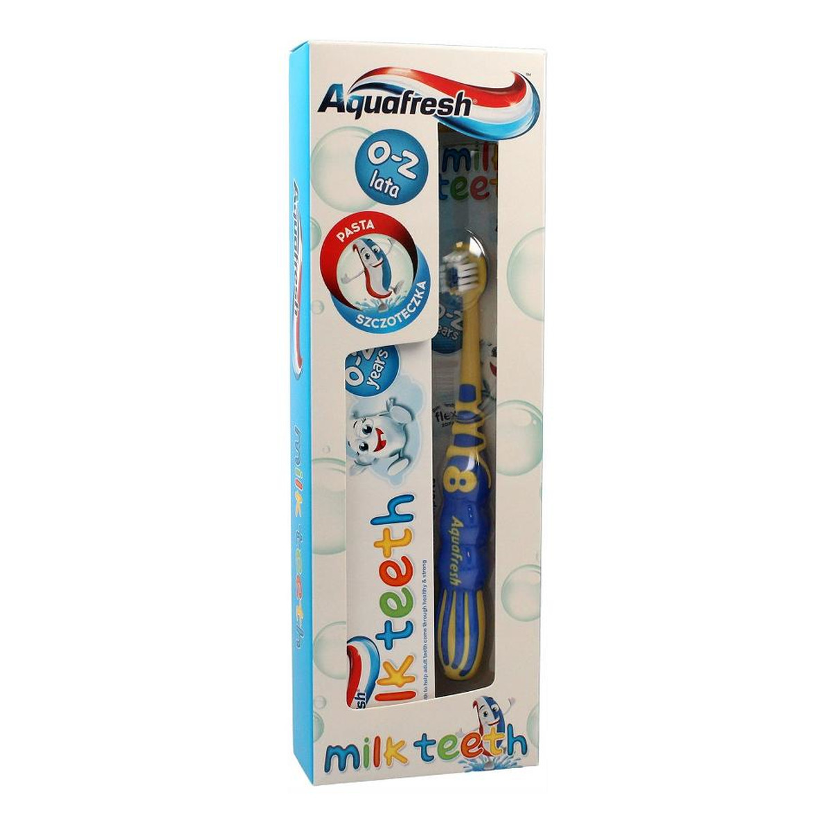 Aquafresh Milk Teeth pasta do zębów 50ml + szczoteczka do zębów 0-2 lata