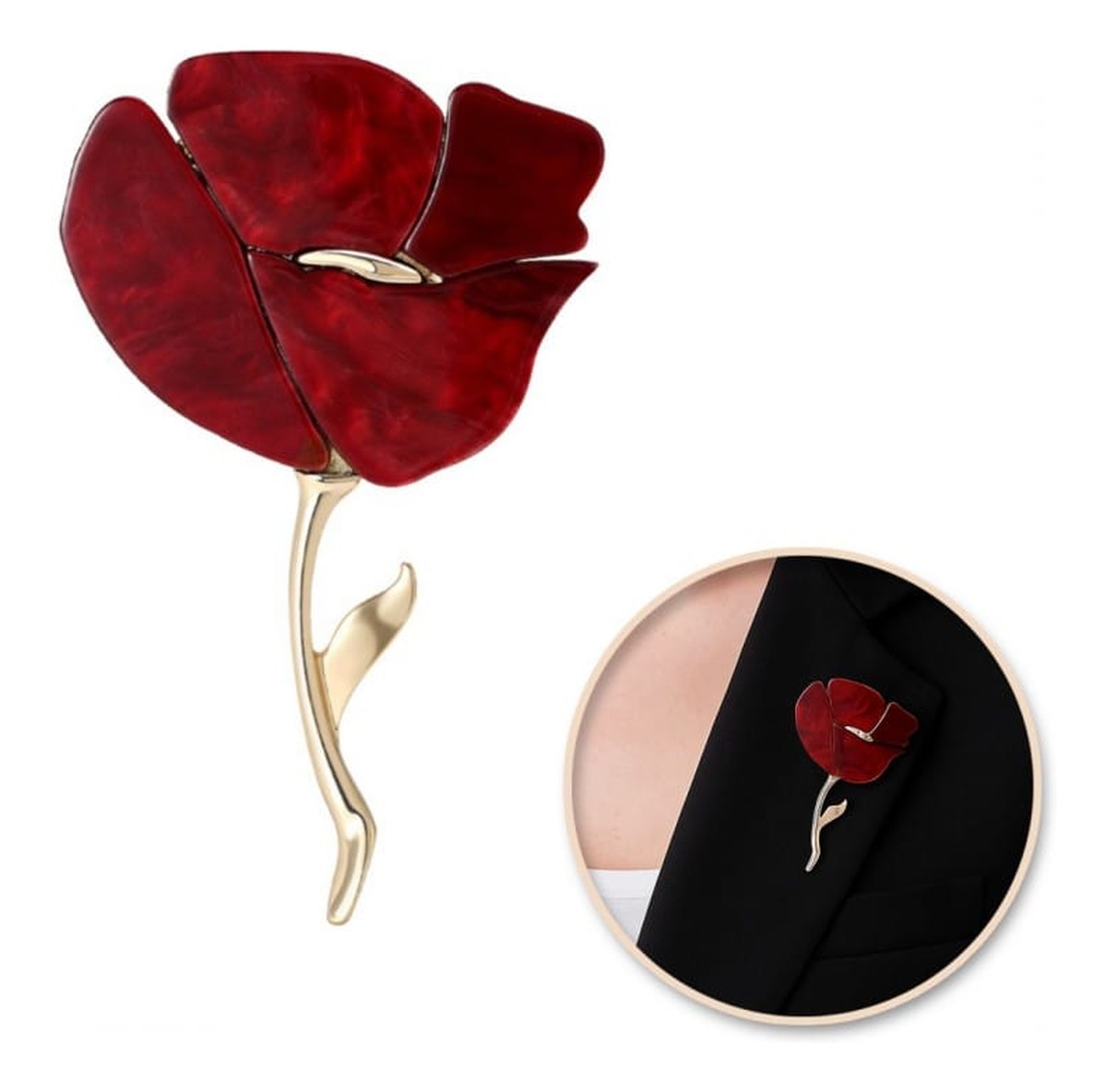 Broszka ozdobna - bordowy mak, złoto BZ224
