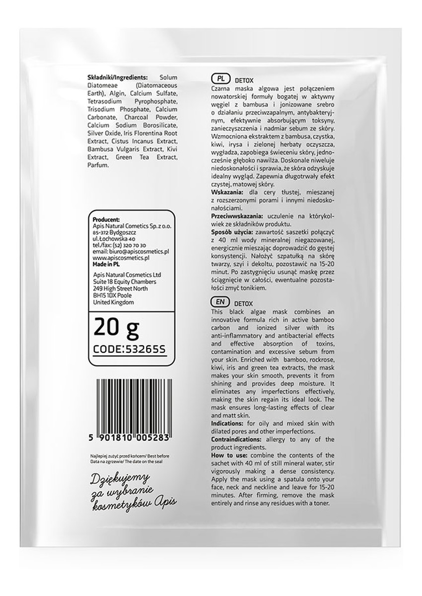 Algae Mask detoksykująca maska algowa z węglem z bambusa i jonizowanym srebrem