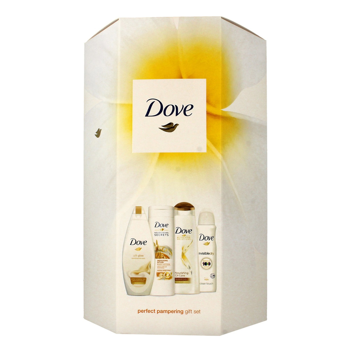 Dove Perfect Pampering Zestaw prezentowy (dezodorant spray 150ml + żel pod prysznic 250ml + mleczko do ciała 250 ml + szampon do włosów 250ml)