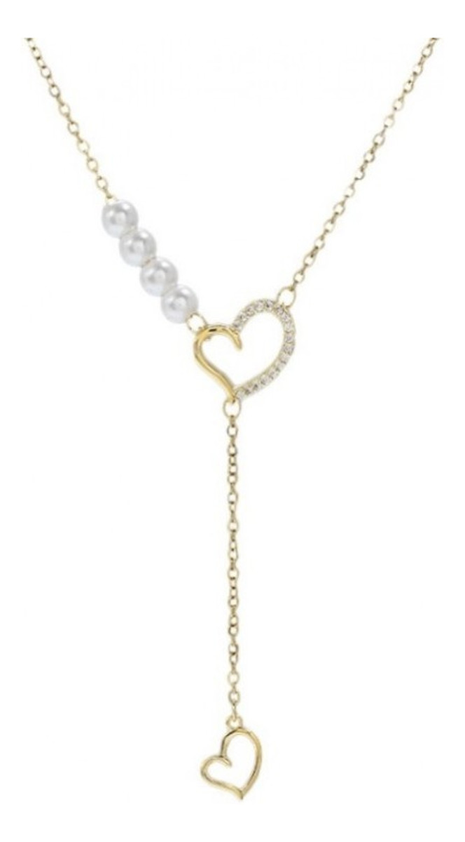 Naszyjnik Ze Stali Szlachetnej Pozłacanej Serca Perełki NST2172