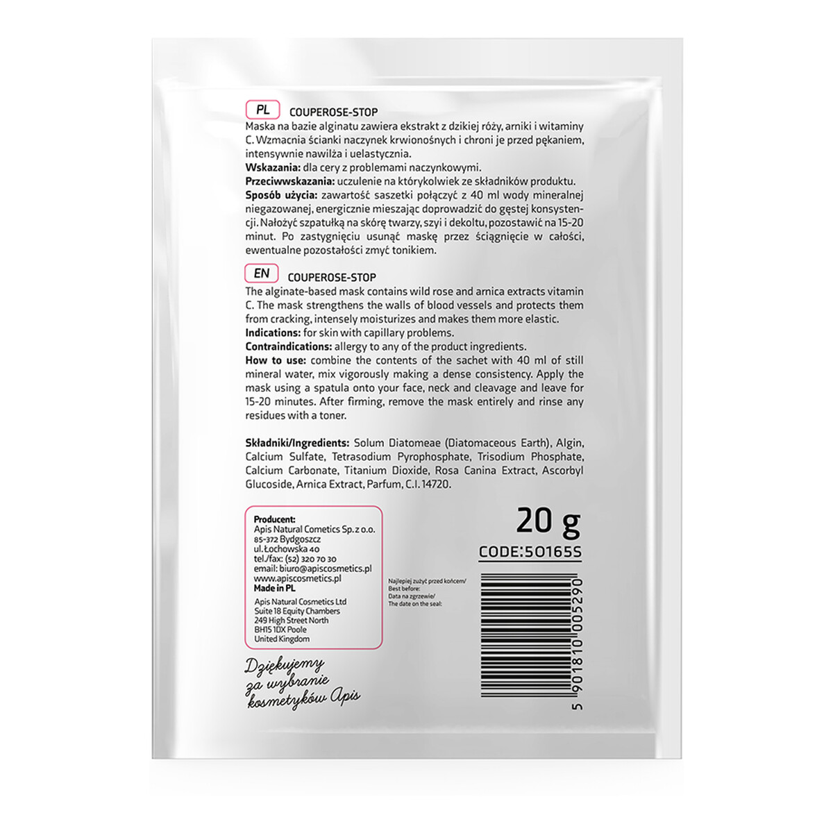 Apis Couperose-Stop Algae Mask Maska algowa dla cery naczynkowej z Dziką Różą i Witaminą C 20g