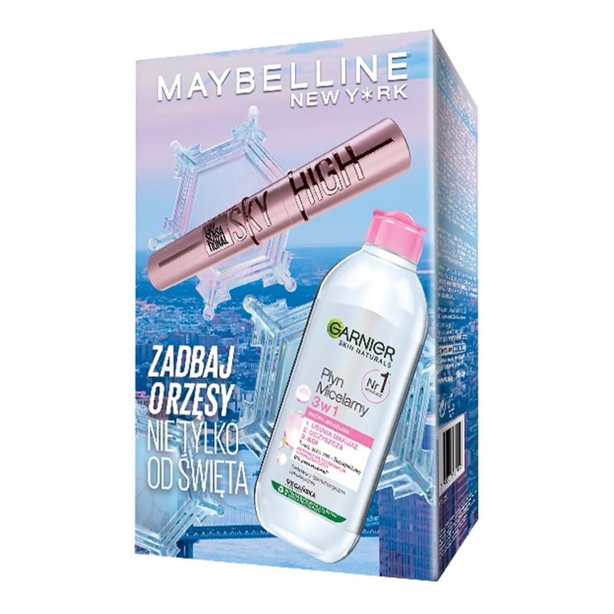 Maybelline Zestaw lash sensational sky high wydłużający tusz do rzęs black 7.2ml + garnier płyn micelarny 3w1 400ml