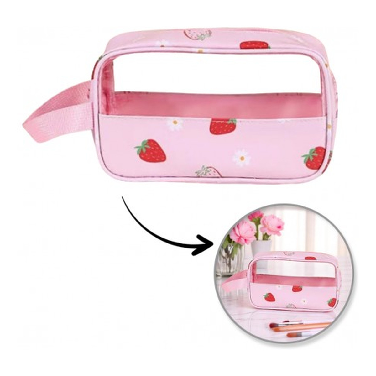 Ecarla Kosmetyczka rozkładana przenośna kuferek rozmiar S 22x7x13cm TRUSKAWKI KS149