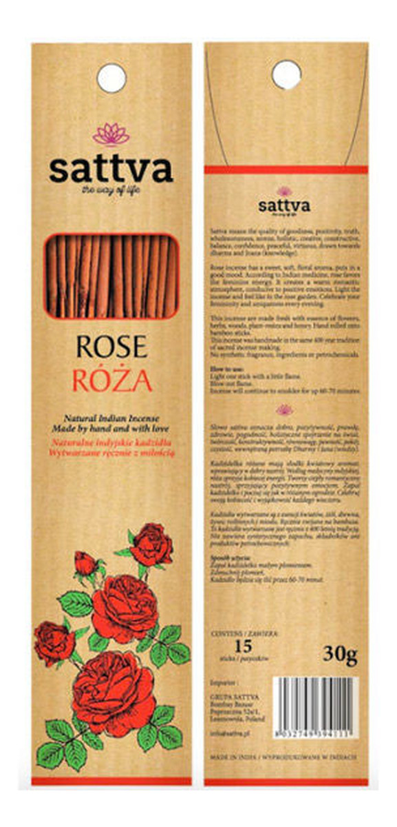 Naturalne Indyjskie Kadzidła Wytwarzane Ręcznie Z Miłością Róża 15szt