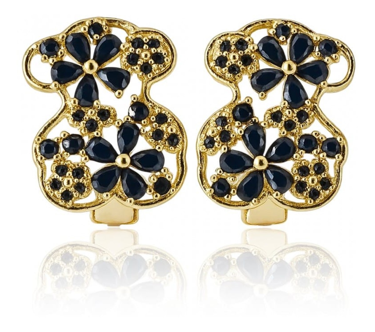 Kolczyki Ze Stali Szlachetnej Pozłacane 14K Złotem, Miś Z Czarną Cyrkonią Kst3535