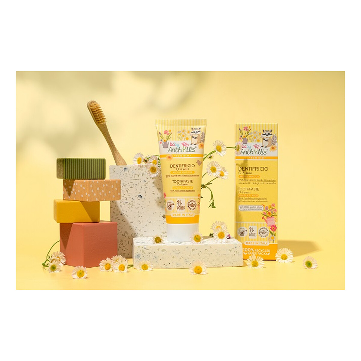 Anthyllis Baby Bio Pasta do zębów dla dzieci BEZ FLUORU z ekologicznymi aloesem i rumiankiem waniliowa 0-6 lat 75ml