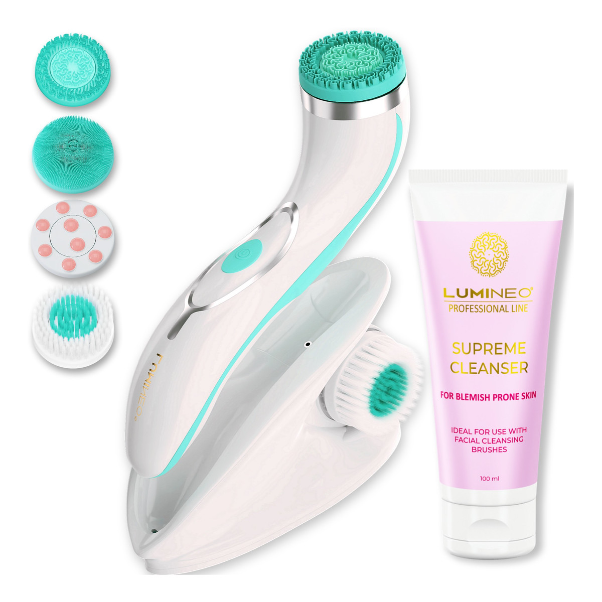 Lumineo Professional line szczoteczka do twarzy brush pro turkusowa + Żel oczyszczajacy lumineo do skóry trądzikowej i problematycznej 100 ml