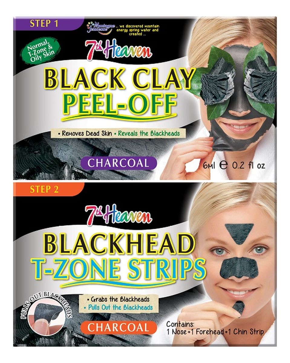 Duo Black Clay Peel Off Węglowa maseczka do twarzy Black Clay + Blackhead T-Zone Strips paski na nos, brodę i czoło niwelujące zaskórniki