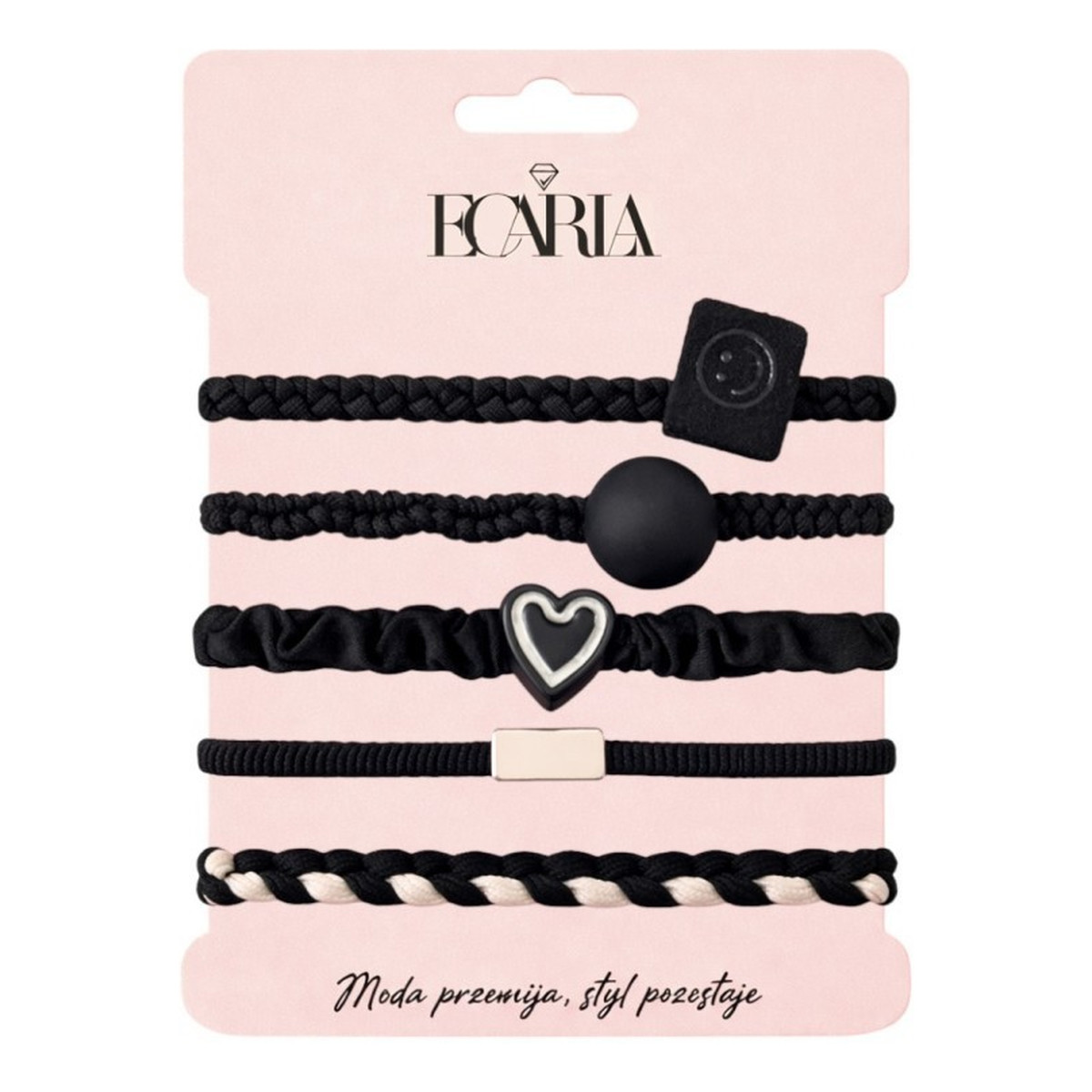 Ecarla Zestaw frotek gumek 5w1 na plakietce czarne serce smile gum185cz