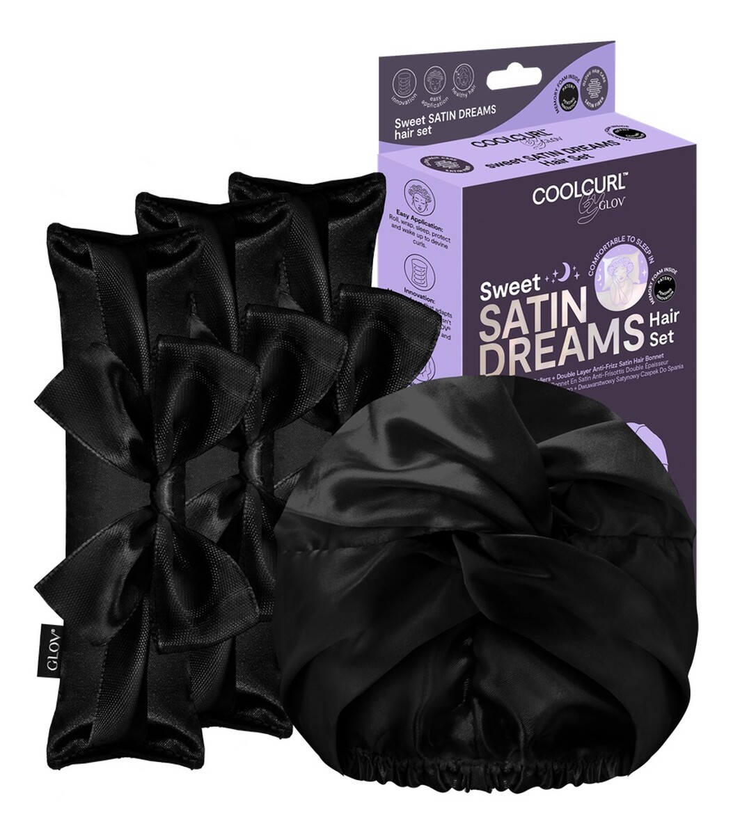 Zestaw wałki do kręcenia włosów na zimno 3szt + dwuwarstwowy satynowy czepek do spania 1szt black