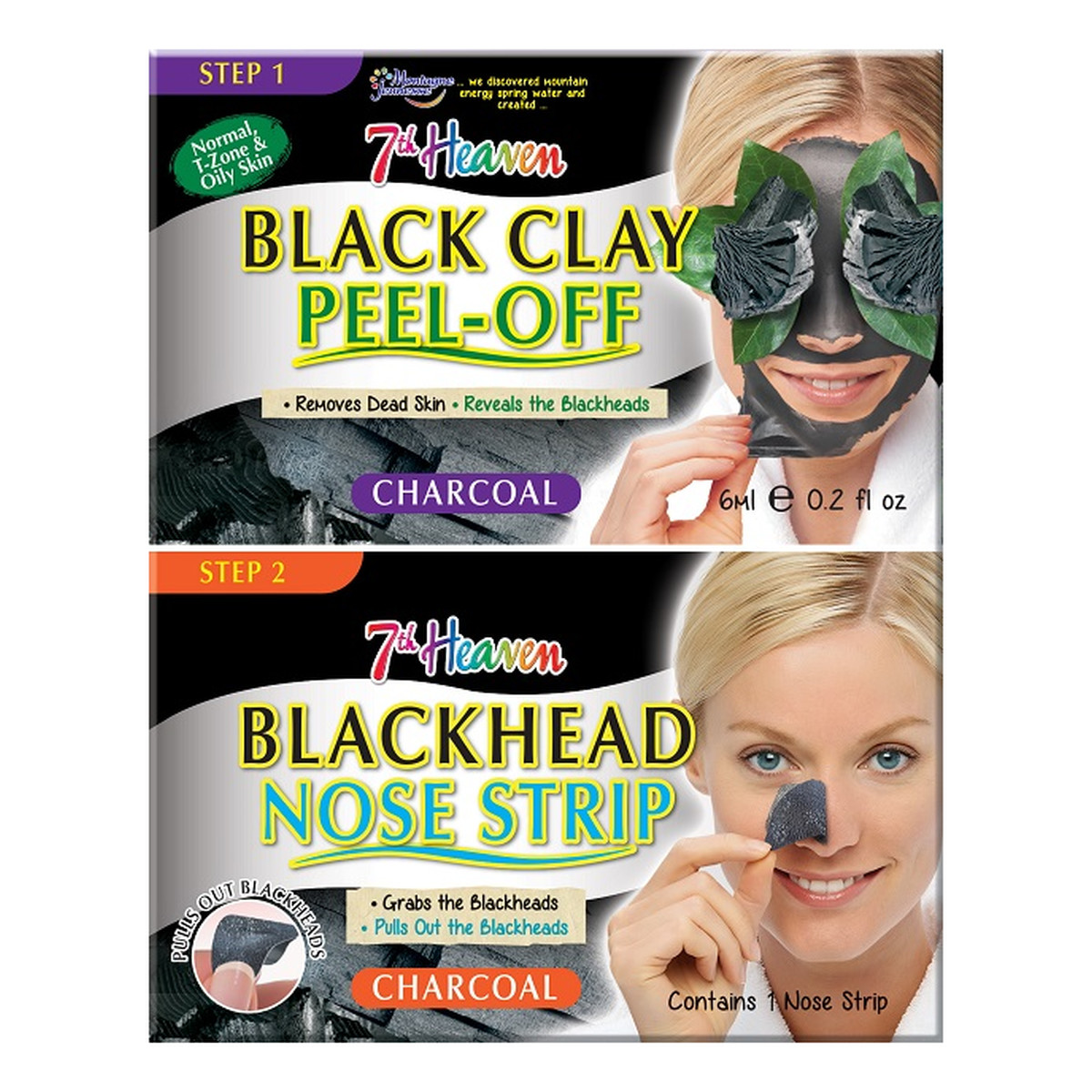 7th Heaven Charcoal Duo Black Clay Peel Off Węglowa maseczka do twarzy Black Clay + Blackhead Nose Strip pasek na nos niwelujący zaskórniki