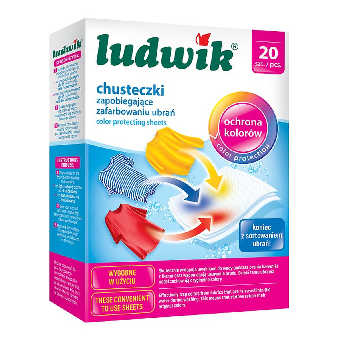 Ludwik CHUSTECZKI DO PRANIA ZAPOBIEGAJĄCE ZAFARBOWANIU UBRAŃ 20szt