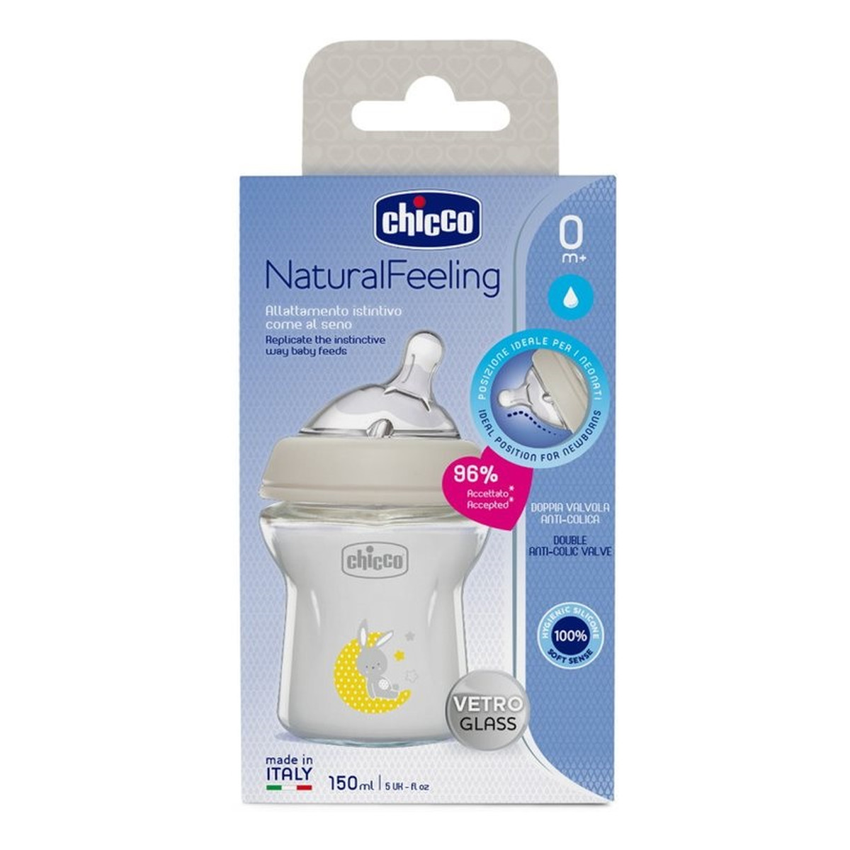 Chicco NaturalFeeling butelka szklana ze smoczkiem silikonowym przepływ wolny 0m+ 150ml