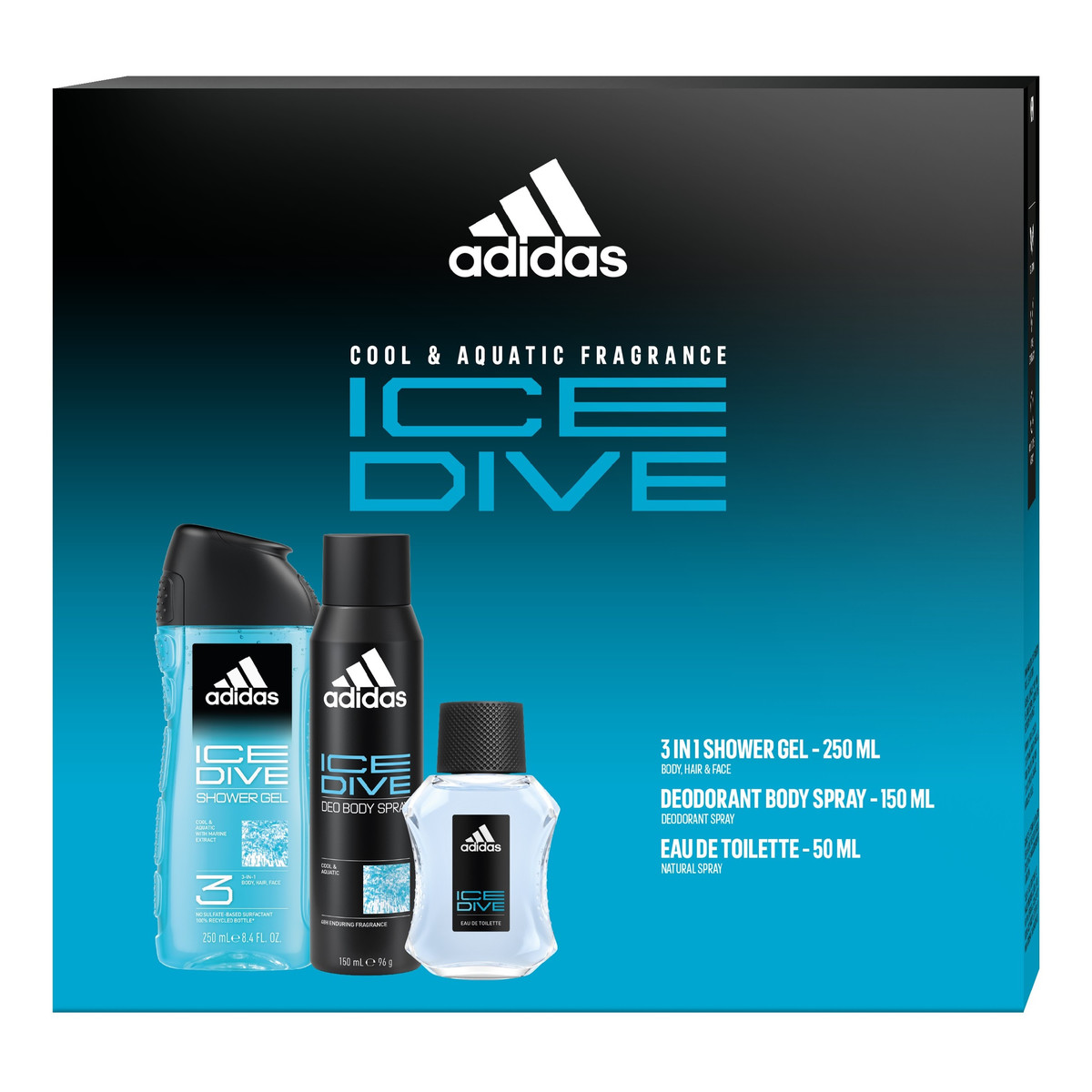 Adidas ADIDAS Zestaw prezentowy ice dive (woda toaletowa 50ml+dezodorant spray 150ml+żel pod prysznic 3w1)
