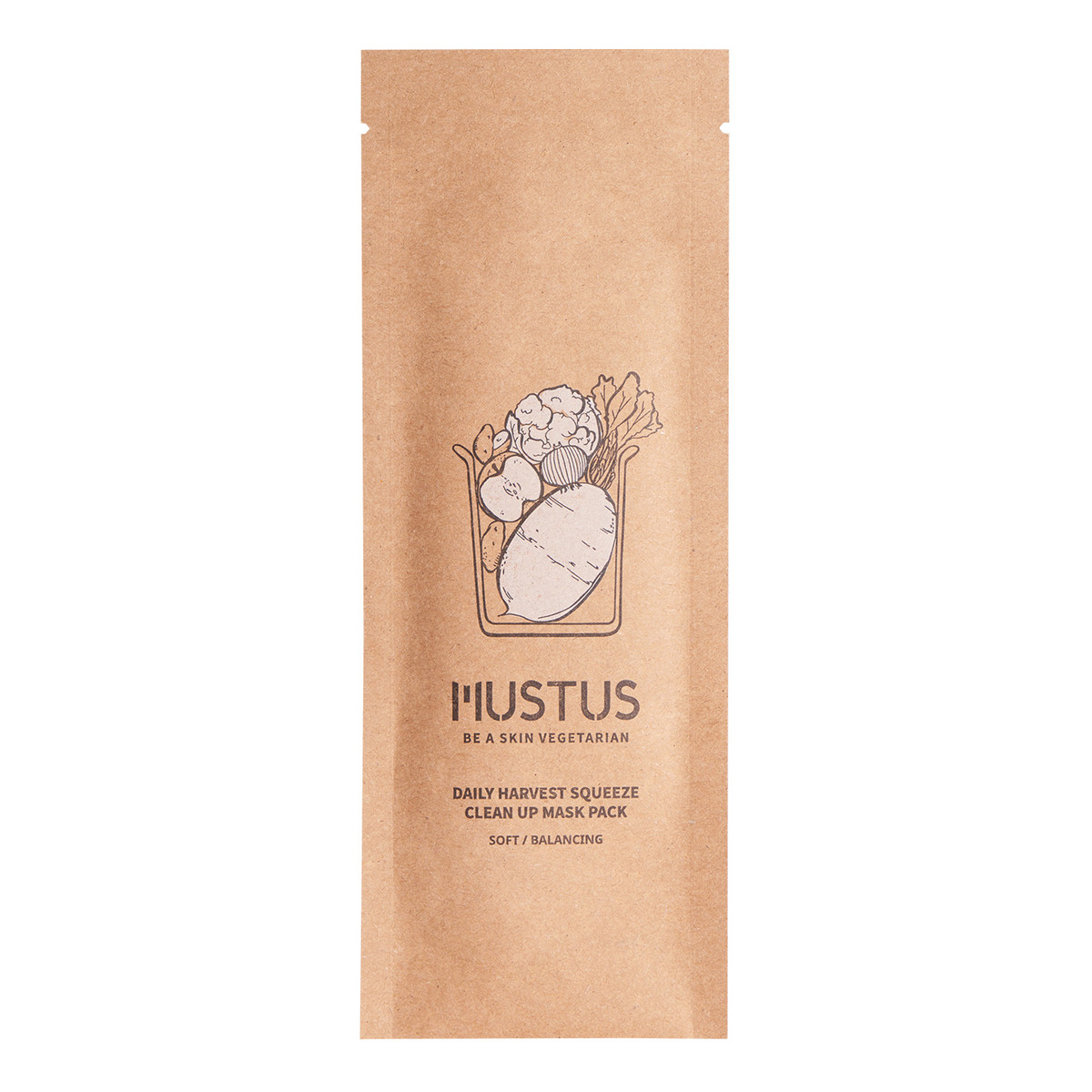 Mustus BE A SKIN VEGETARIAN! Daily Harvest Squeeze Clean Up Maseczka w płachcie wygładzająca, stworzona na bazie kompleksu ekstraktów z białych warzyw i owoców 20g