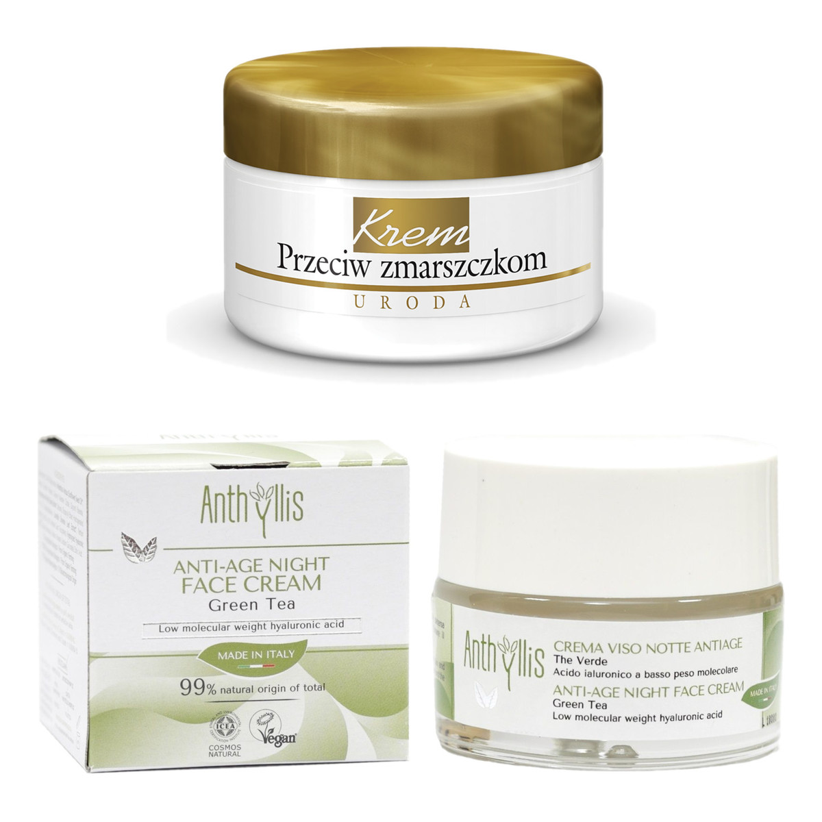 Anthyllis Krem do twarzy anti-age na noc zielona herbata kwas hialuronowy 50ml + Uroda krem przeciw zmarszczkom 37ml
