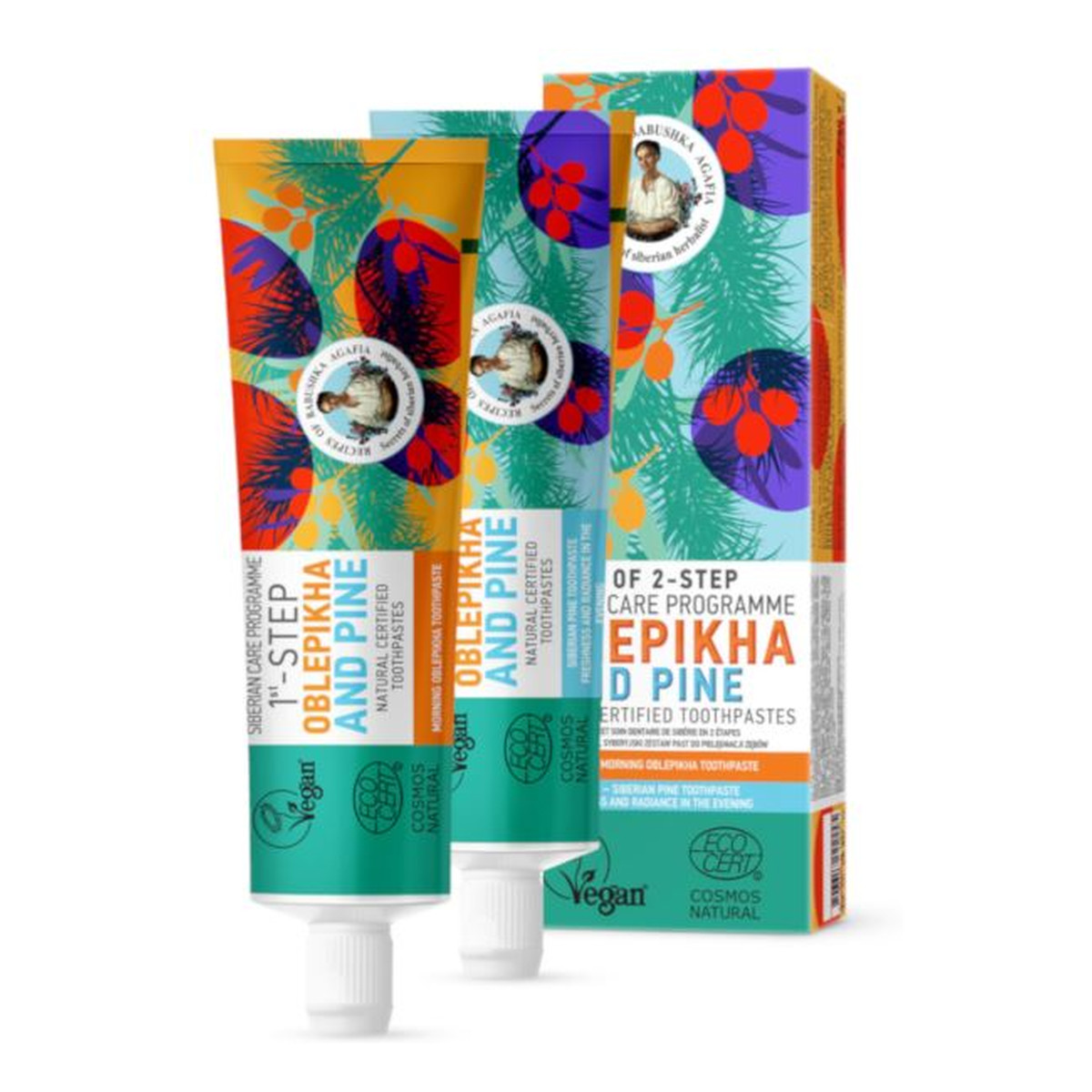 Receptury Babuszki Agafii Dwuetapowy syberyjski zestaw certyfikowanych past do zębów - Rokitnik i Sosna - Bez fluoru 2x60g