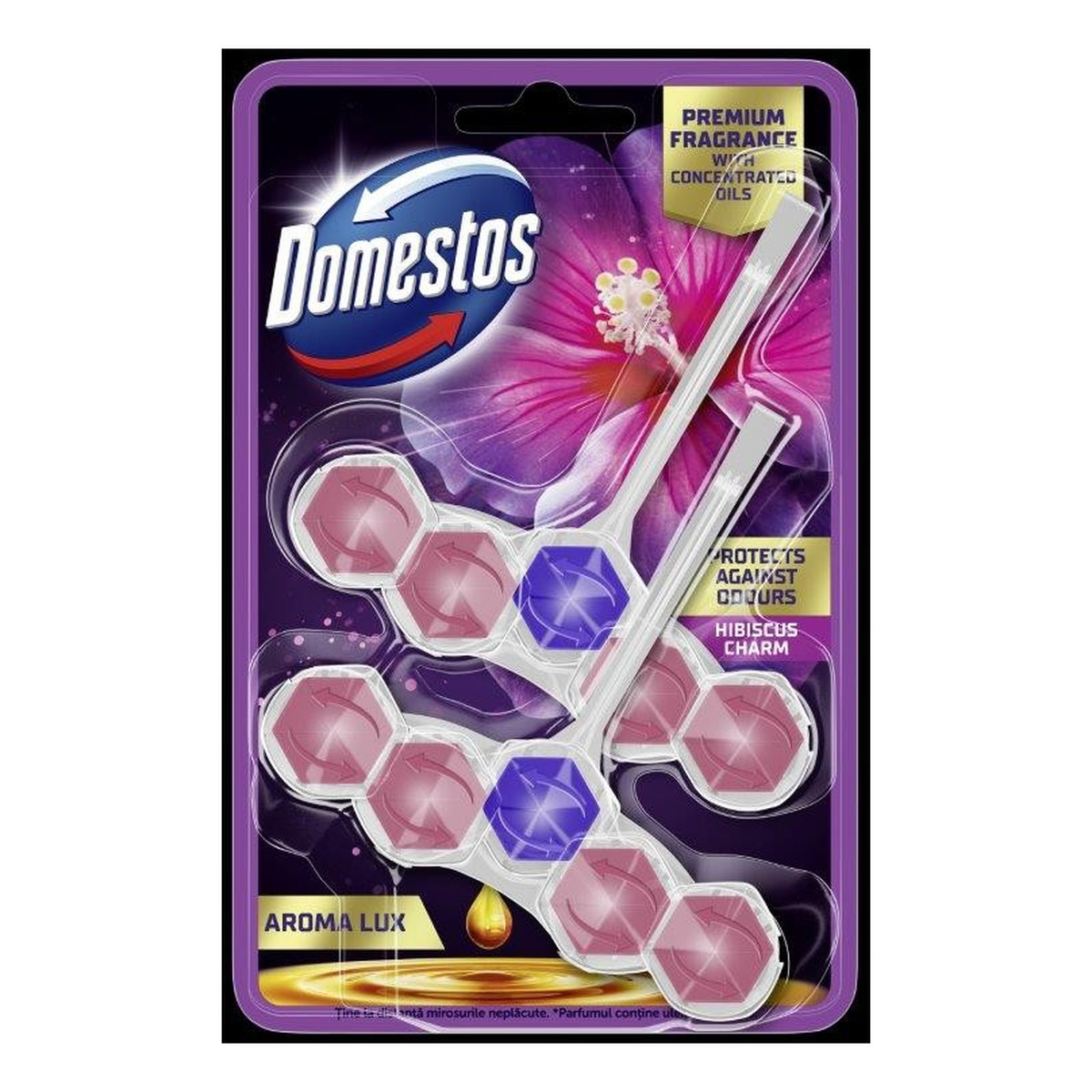 Domestos kostka toaletowa power 5 aroma lux hibiscus oil & wild berries 2 x 55 g 110g