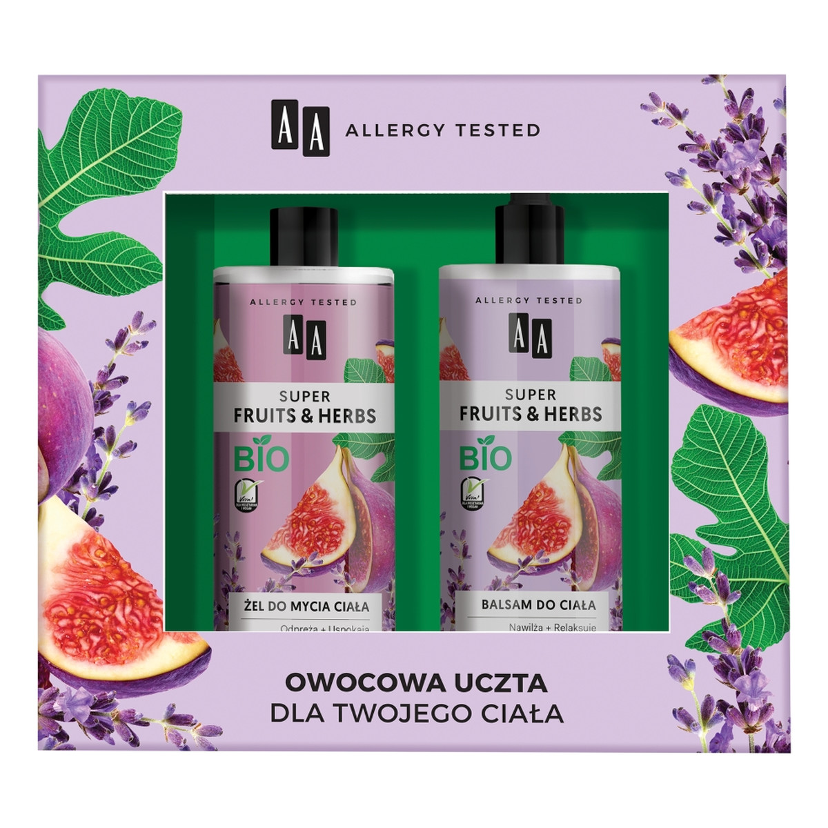 AA Super Fruits & Herbs Zestaw żel do mycia ciała figa&lawenda 500ml + balsam do ciała figa&lawenda 500ml