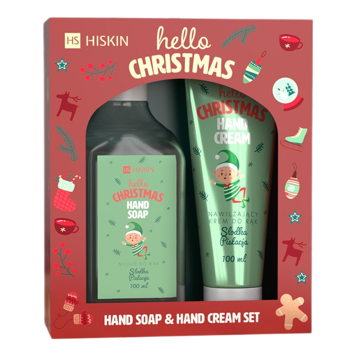 Hiskin Hello Christmas Słodka Pistacja Zestaw krem do rąk 60ml + mydło do rąk słodka pistacja 200ml