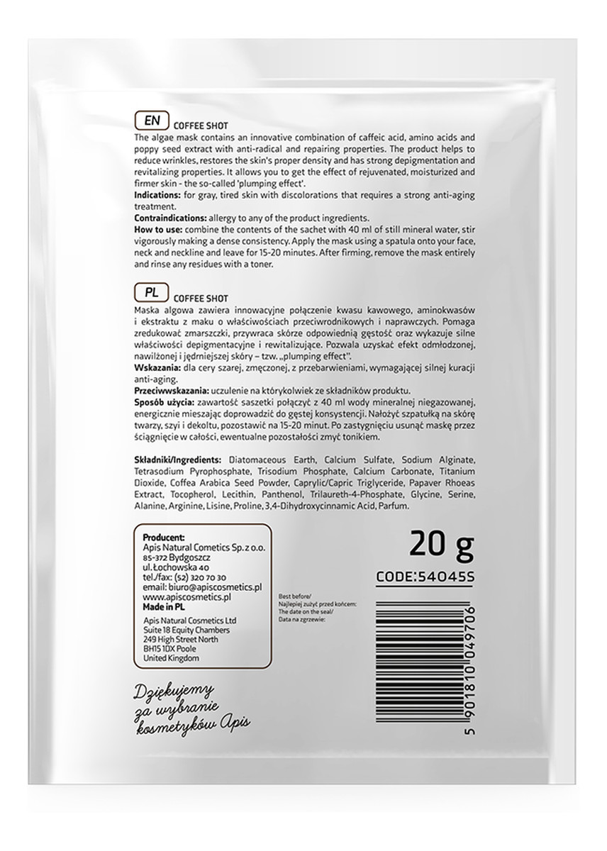 biorewitalizująca maska algowa z kwasem kawowym i ziarenkami kawy arabica