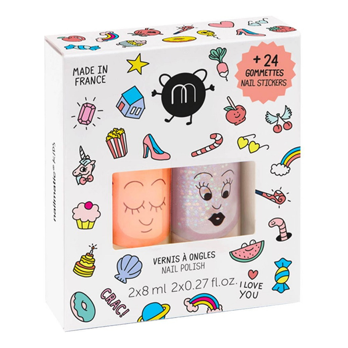 Nailmatic Kids Nail Polish Zestaw lakierów do paznokci: Flamingo + Polly + naklejki na paznokcie 8ml