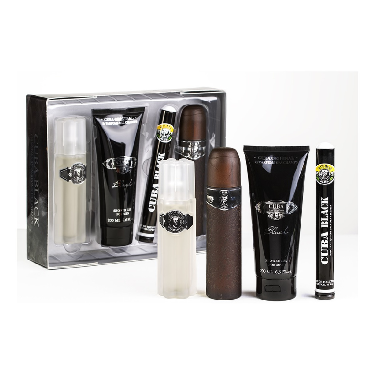 Cuba Black Zestaw woda toaletowa spray 100ml + woda toaletowa spray 35ml + żel pod prysznic 200ml + woda po goleniu spray 100ml