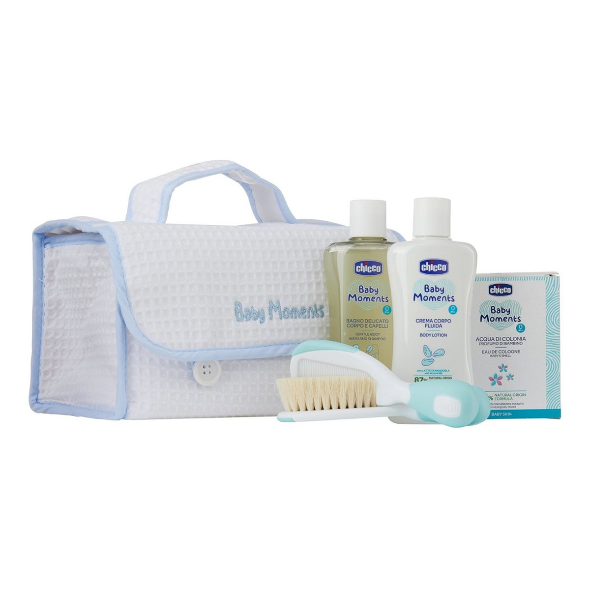 Chicco Baby Moments Blue Zestaw płyn do mycia 200ml + balsam do ciała 200ml + woda perfumowana 100ml + szczotka i grzebień + kosmetyczka