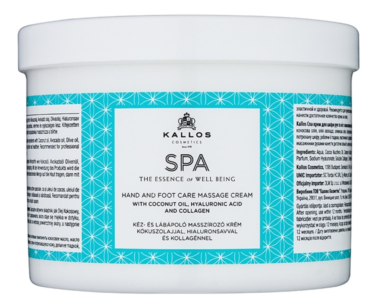 Spa Hand and Foot Care Massage Cream krem do masażu rąk i stóp Coconut Oil Hyaluronic Acid & Collagen
