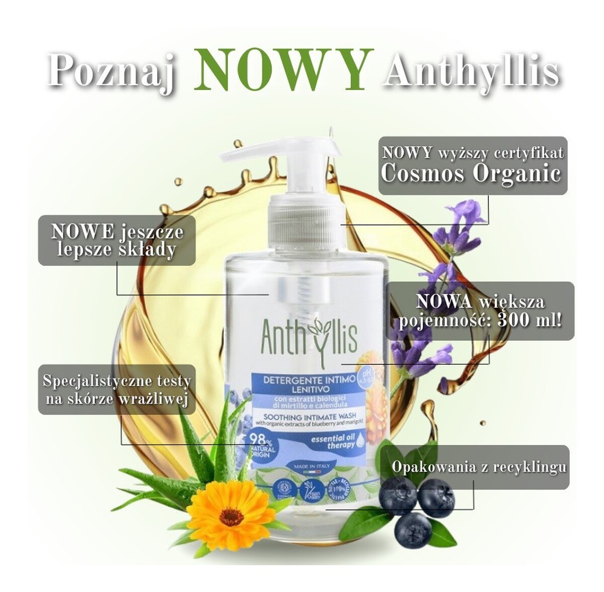 Kojący bio płyn do higieny intymnej z organicznymi ekstraktami z borówki i nagietka