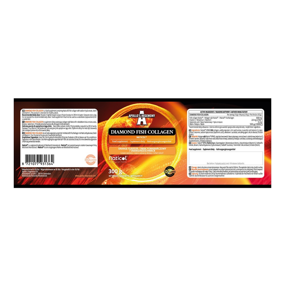 Apollo's Hegemony Diamond Fish Collagen suplement diety w proszku pomarańcza 300g