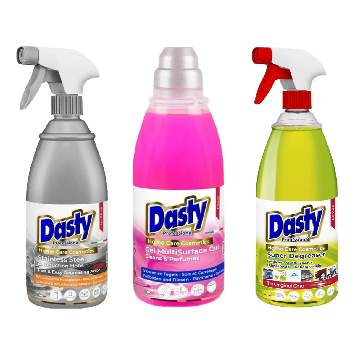 Dasty Super degreaser odtłuszczacz + Stainless Stell do stali + Gel multisulface care perfumowany 3x700ml