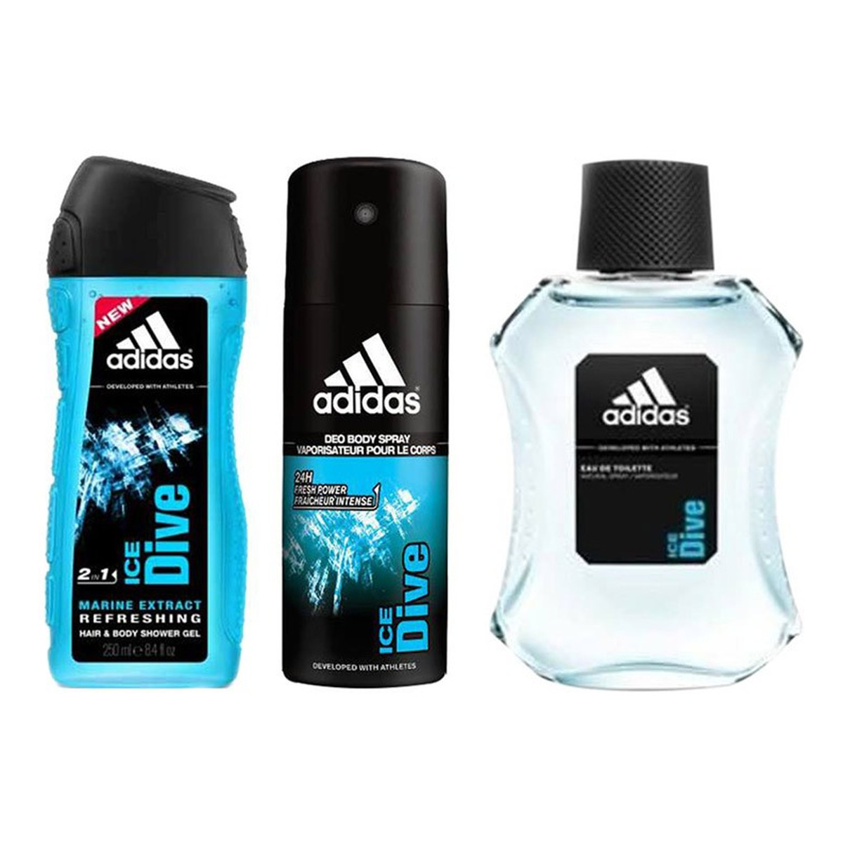 Adidas Ice Dive Zestaw Woda Toaletowa + Dezodorant spray + Żel pod prysznic 250ml