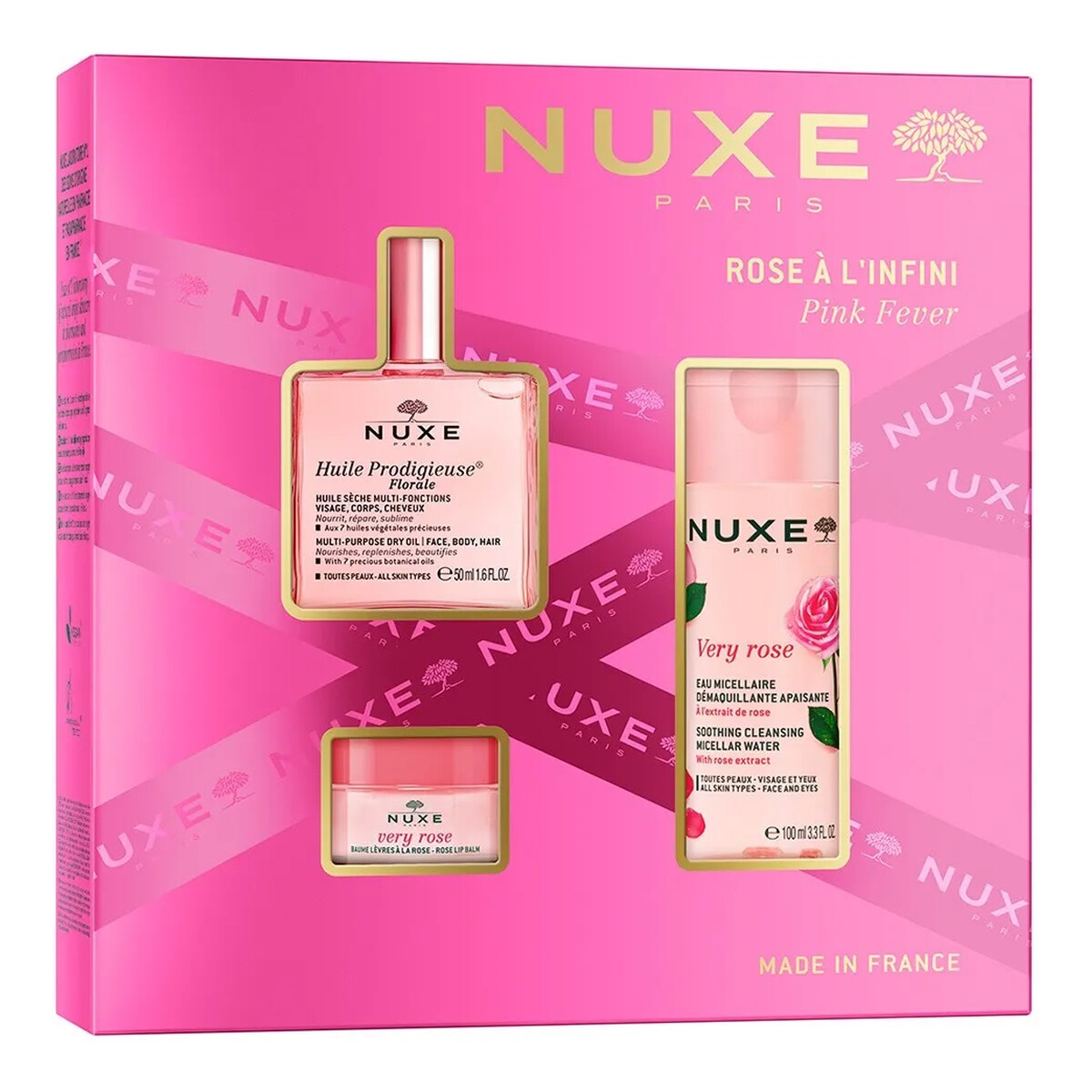 Nuxe Pink Fever Zestaw suchy olejek regenerujący 50ml + łagodząca woda micelarna 3w1 100ml + różany balsam do ust 15g