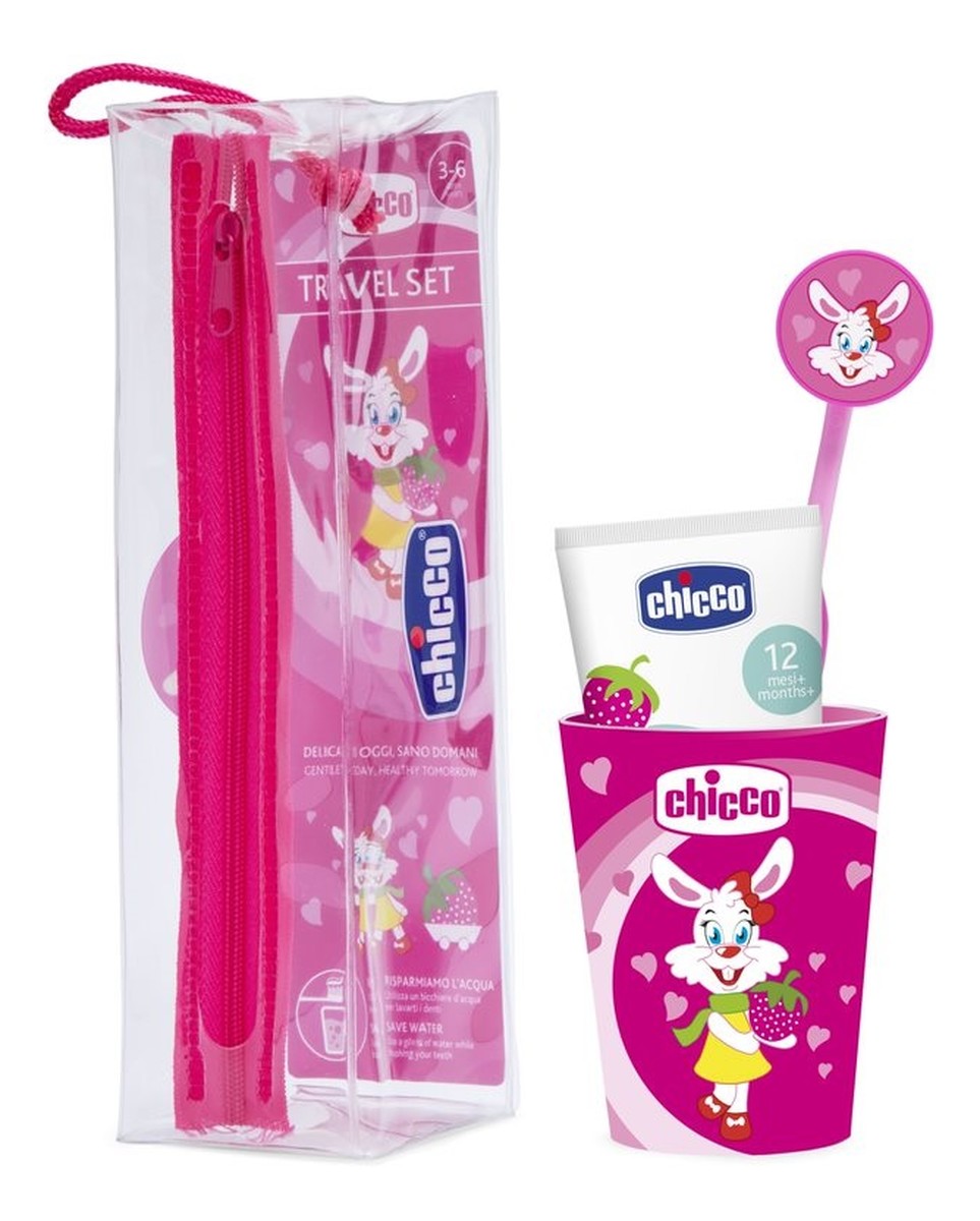 Zestaw podróżny do mycia zębów pasta + szczoteczka + kubek + etui 3-6l różowy